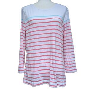 Vineyard Vines White Pink Teal Striped Top Shirts Crew Neck Long Sleeves Size L